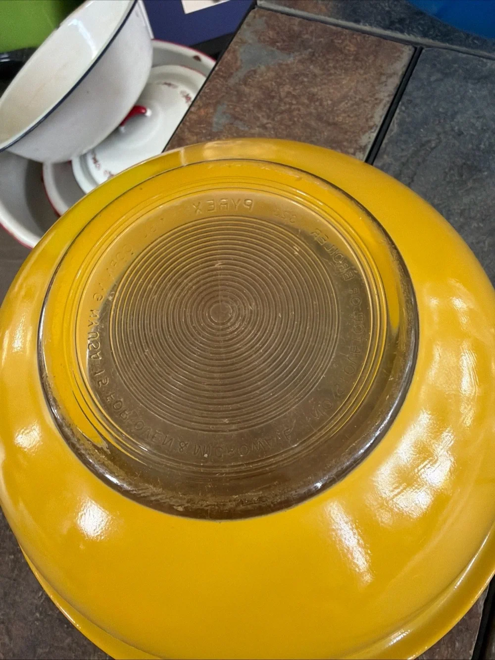 Vintage Blue and Yellow Pyrex Glass Mixing Bowls with Glasbake Queen Anne Casse